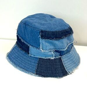 Y2K Patchwork Denim Bucket Hat by I. Shalom | Raw Edge Cotton Hat | L/XL